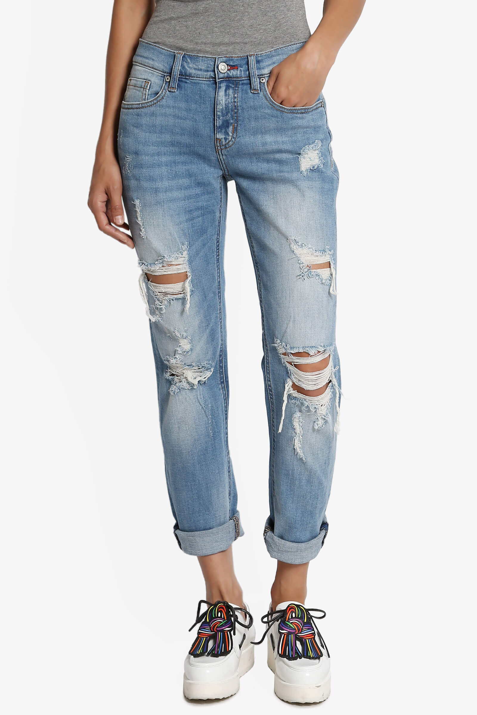 TheMogan Distressed Destructed Washed Denim Mid Rise Relaxed Boyfriend