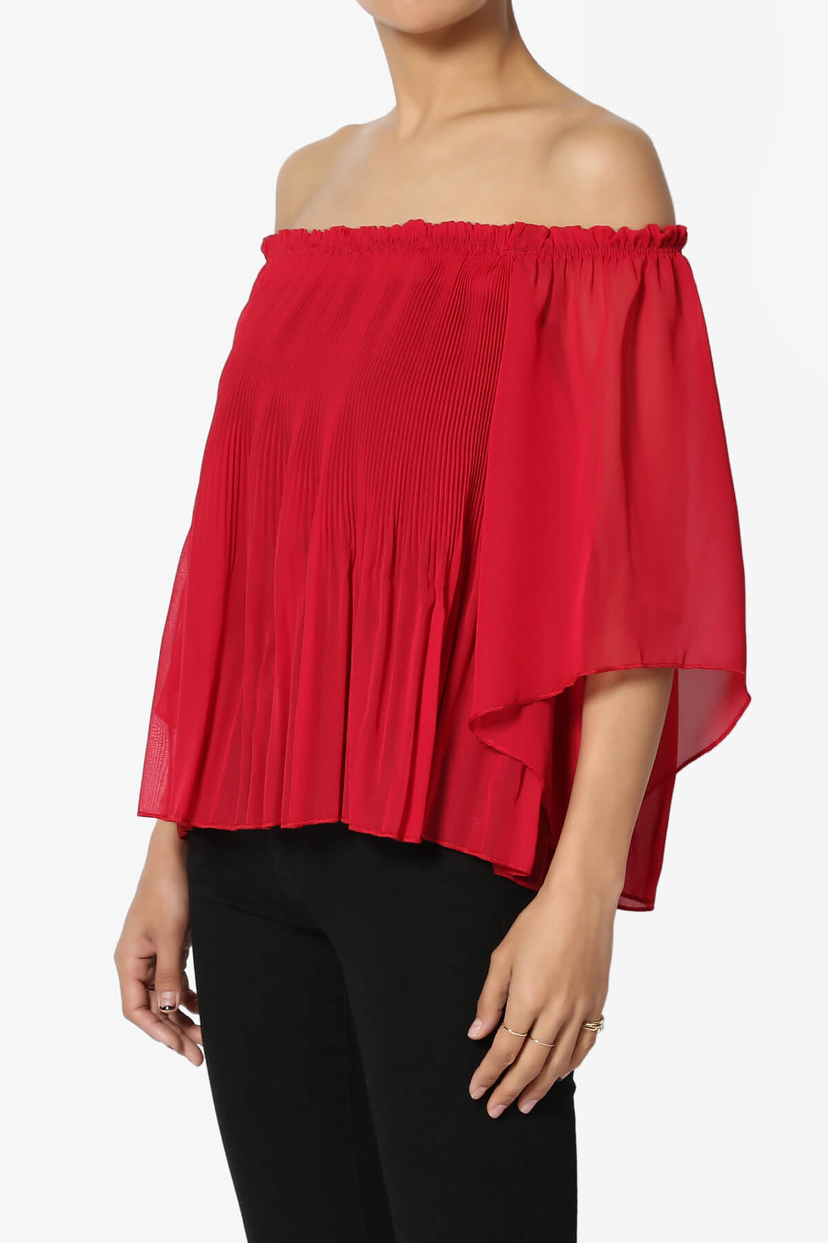 TheMogan Off The Shoulder Pleated Chiffon Blouse Flutter Sleeve Sheer ...