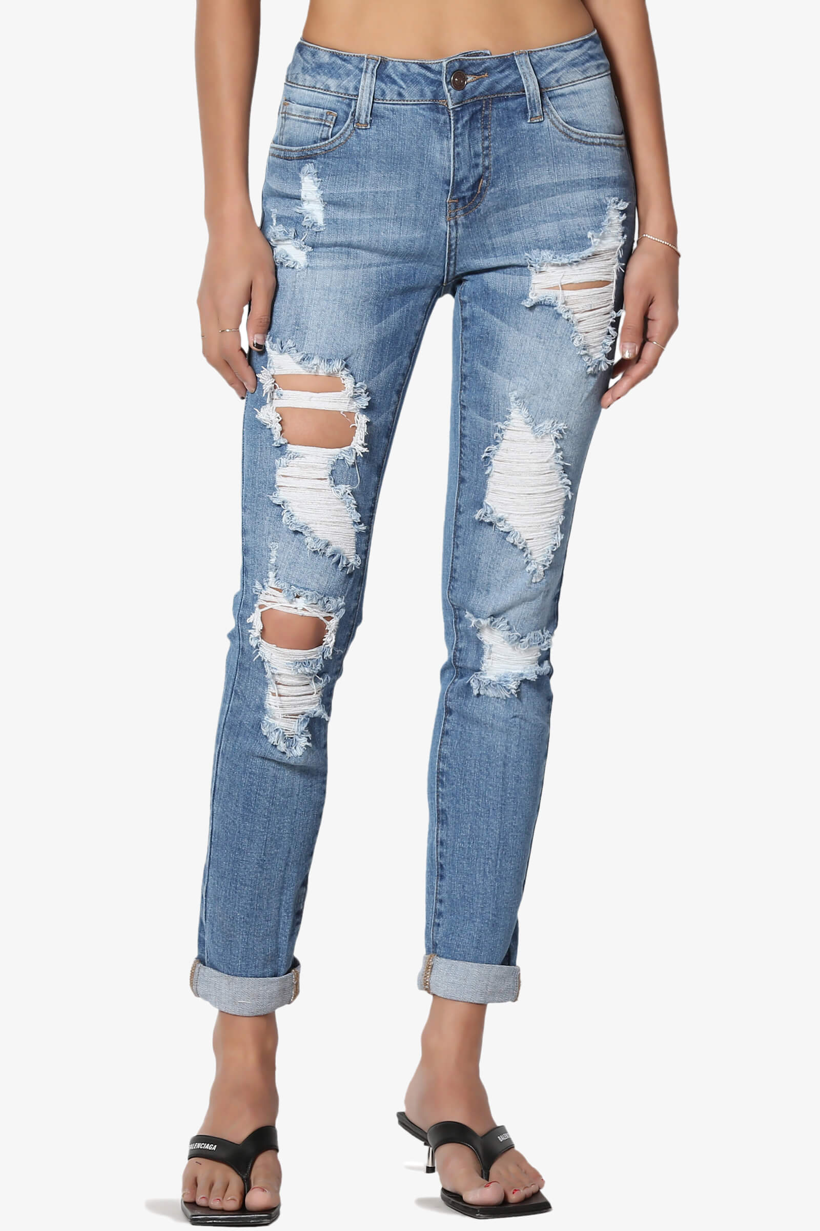 ripped mid rise jeans