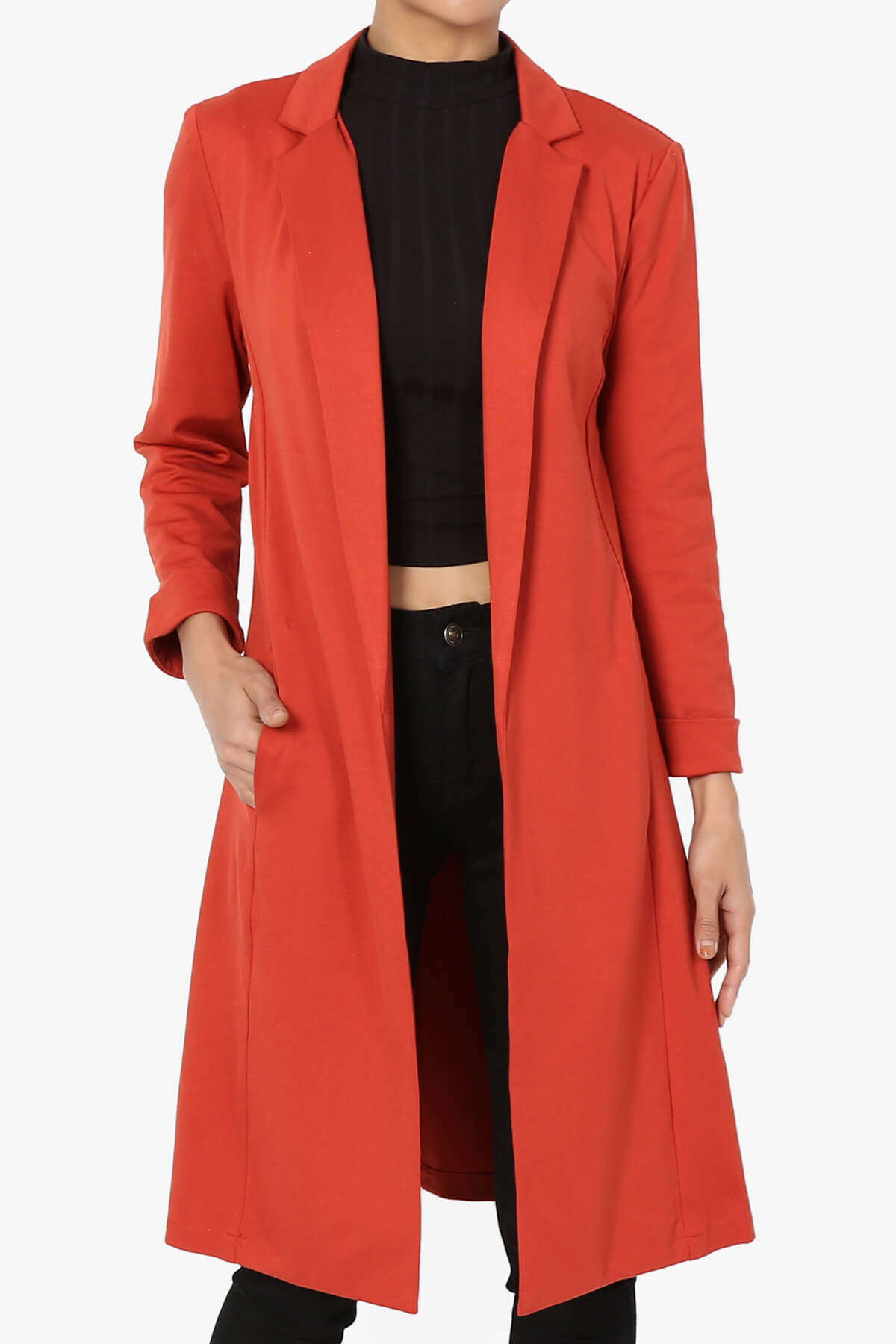 TheMogan Bracelet Cuffed Sleeve Stretch Longline Jacket Open Front Long Blazer