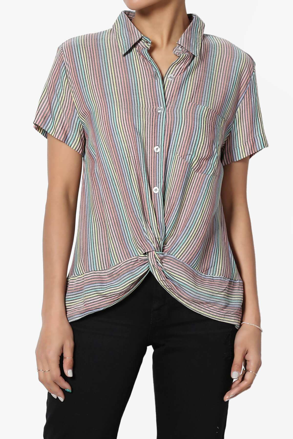 TheMogan S~3X Striped Twist Hem Button Up Shirt Short Sleeve Woven Crop Blouse