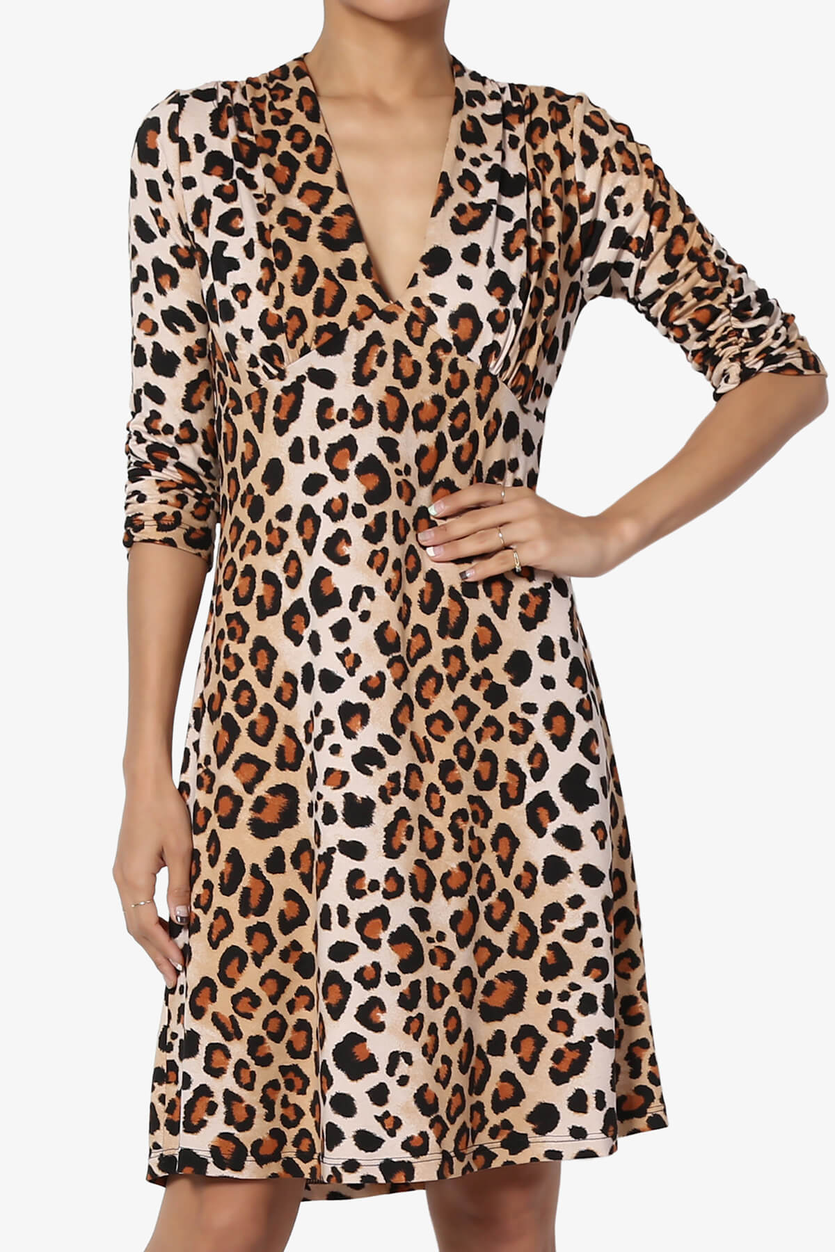 TheMogan S~3X Leopard Print Ruched 3/4 Sleeve V-Neck Fit & Flare ...