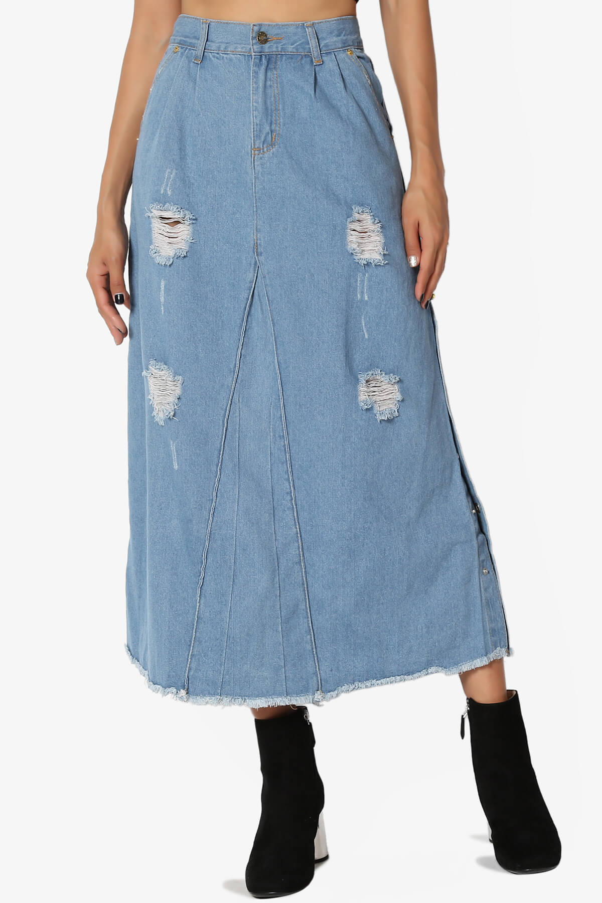 distressed denim midi skirt