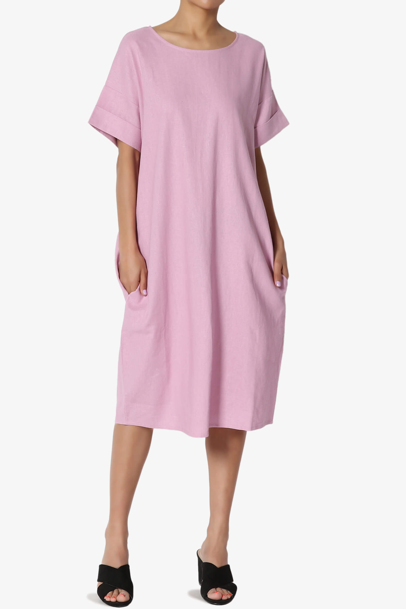 TheMogan Drop Shoulder Short Sleeve Linen Pocket Oversized Shift Midi Dress S | eBay