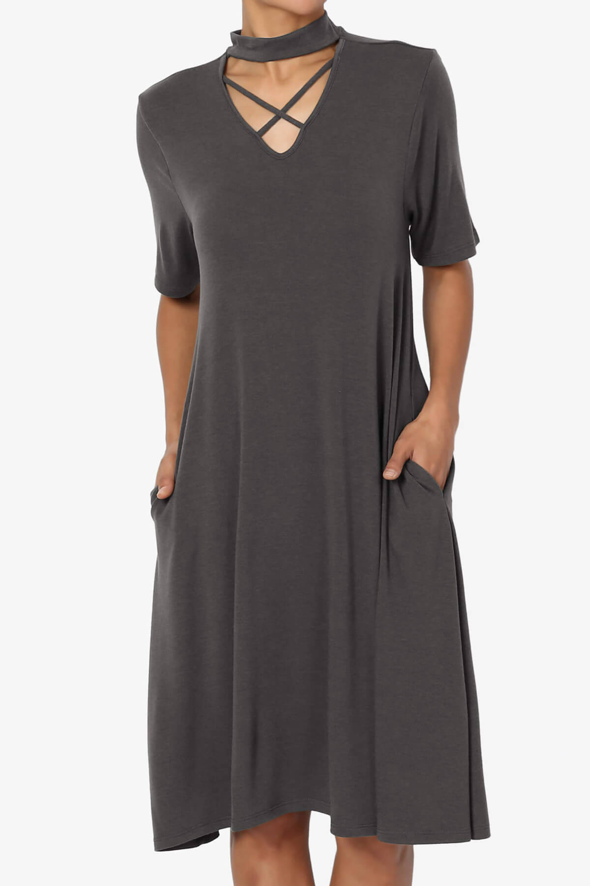 Download TheMogan Missy Cross Mock Neck Short Sleeve Flowy Swing Pocket T-Shirt Dress | eBay